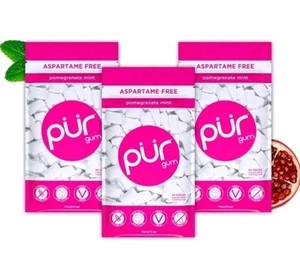 PUR Xylitol Chewing Gum POMEGRANATE MINT (55 Pieces, 3 Pack) Sugarless Vegan - Picture 1 of 4