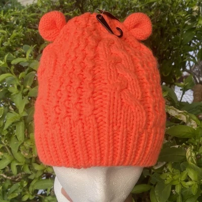 Olive Pique Bear Ear Beanie Hat Neon Orange Acrylic Cable Knit Cozycore Outdoor - Image 1 of 4
