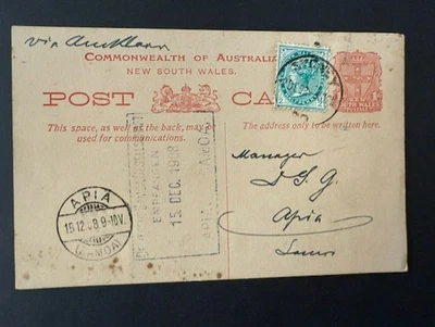 Tarjeta postal de Nueva Gales del Sur 1908 1d con QV 1/2p uso comercial a Apia, Samoa Foto 1 de 2