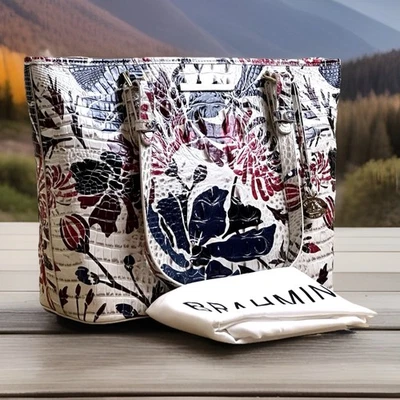 BRAHMIN FLORAL PRINT EXTRAVAGANZA MEDIUM ASHER RED WHITE BLUE LEATHER HANDBAG - Image 1 of 4