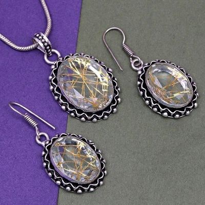 Conjunto de pendientes de oro rutilo joyería 18-20"" colgante cuarzo esterlina Foto 1 de 4