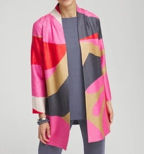 Chicos Abstract Crushed Textured Fabric Open Front Cardigan Jacket Size 2 (L/12) - Picture 1 of 7