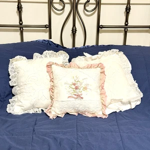 Vintage Accent Pillows 3 Embroidered Needlepoint Eyelet Lace Roses Cottagecore - Picture 1 of 9