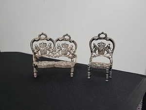 Antiker Holländer? Silber Miniatur Royal Wappen Löwen Rücken Floral Bank & Stuhl Set - Bild 1 von 21