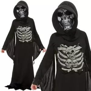Hooded Robe Boys Halloween Skeleton Grim Reaper Fancy Dress Outfit New - Picture 1 of 4