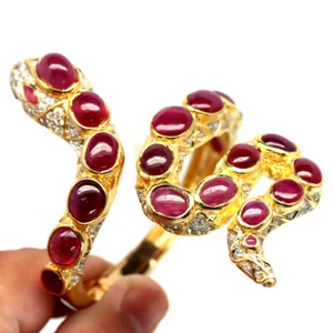 Gemstone Heated Red Ruby & White Zircon Snake Bangle 925 Sterling Silver - Picture 1 of 4