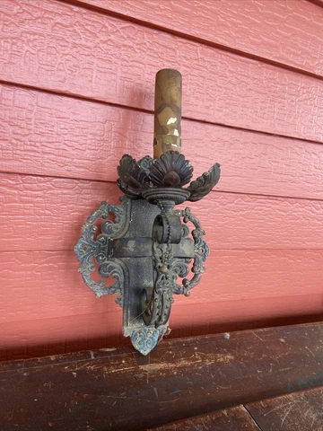Single Antique Cast Iron Painted MEDIEVAL Gothic Wall Sconce Original Cover