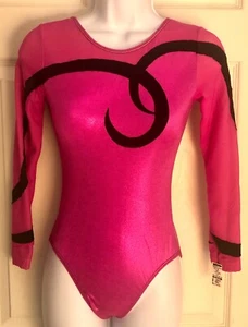 GK LgSLV LADIES SMALL PINK FOIL MESH BLACK RIBBON GYMNASTICS DANCE LEOTARD Sz AS - Picture 1 of 7