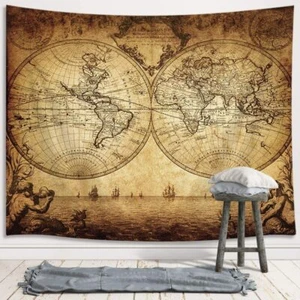 Medieval Ocean Nautical World Map Extra Large Tapestry Wall Hanging Vintage - Picture 1 of 7