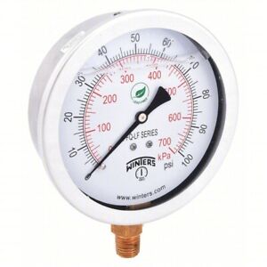 WINTERS 0 to 100 psi Pressure Gauge, 4in., Liquid Filled, Lead Free, PFQ711LF