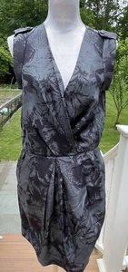 Martin + Osa Black On Gray Abstract Print 100% Silk Dress, Epaulets, Pockets, M - Picture 1 of 12