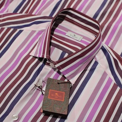 Etro NWT Dress Shirt Size 41 L US In Purples Red & White Striped 100% Cotton - Image 1 of 4