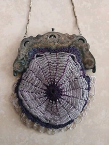 Antique Victorian Art Nouveau Purple Knitted Glass Micro Bead Coin Purse c.1890 - Picture 1 of 5