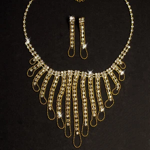 Schmuckset Collier Halskette Ohrringe Strass Goldfarben Brautschmuck Modeschmuck - Bild 1 von 4