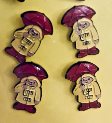 VTG 6 Metal Paddington Bear  Yellow Slicker Raincoat  Umbrella Shank Buttons - Image 1 of 4