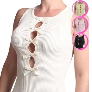 Body Donna Canotta Fiocchi Body senza Maniche Tuta Intera Lingerie Maglia Coste - Bild 1 von 15