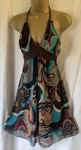 Brown Mix Halter Neck Tie Back 10 Retro Psychedelic Fit & Flare Y2K Summer Dress - Picture 1 of 9