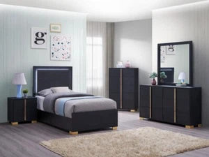 4 PC BLACK WITH GOLD ACCENT LED LIGHT TWIN BED NS DRESSER BEDROOM FURNITURE SET - Picture 1 of 24