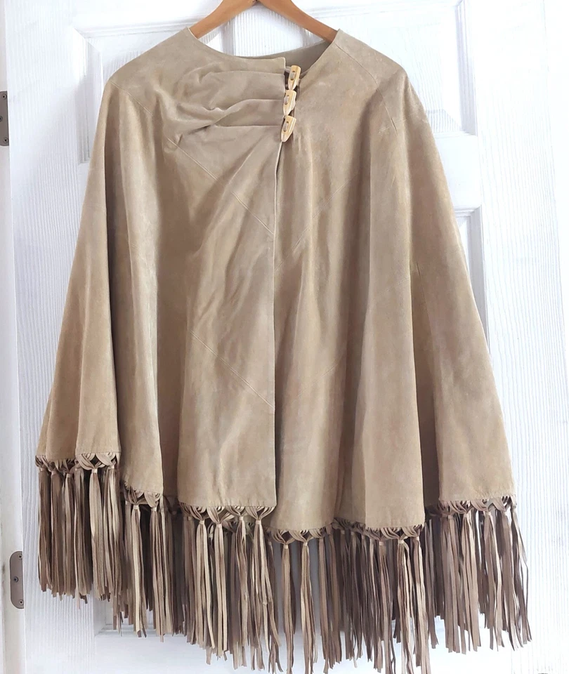 Poncho Abrigo Capa Vaquera Occidental Boho Vintage Años 90 Gamuza Cuero Flecos Foto 1 de 4