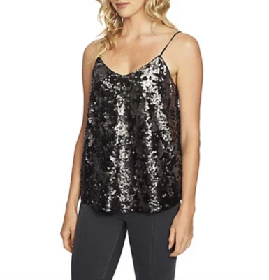 Camiseta sin mangas 1.State de lentejuelas talla XS negra plateada brillante con correa de espagueti para mujer Foto 1 de 4