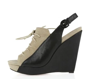 10 Cros By Derek Lam Black Beige Leather Open Toe  Wedge Sandals Size 11 M - Picture 1 of 8