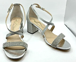 N by Nina Block Heel SZ 9M Silver Strappy Chunky Wedding Formal Cute Read No box - Picture 1 of 15
