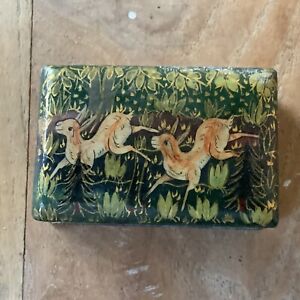 FIGURAL Fawns Frolicking Deer EARLY Antique Hand Painted Enamel Wooden Match Box