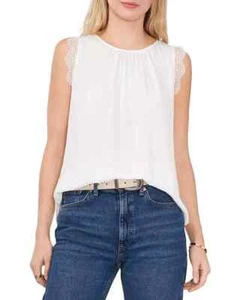 VINCE CAMUTO Lace Cap Sleeve Top Women's M White Crew Neck Button Back Closure - Picture 1 of 17