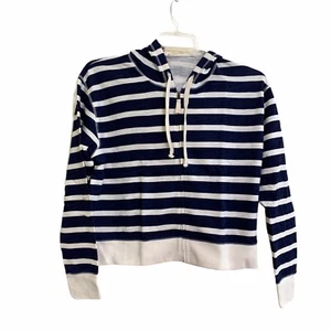 J.Crew Women's Vintage Cotton Terry Cropped Hoodie Stripes Navy and Cream Sz Med - Picture 1 of 4