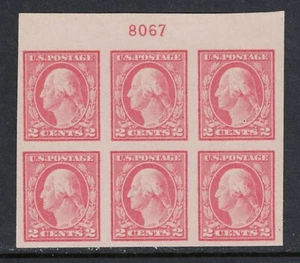 SCOTT#482, 2c CARMINE TYPE I PLATE BLOCK OF 6. XF & HINGED. - Picture 1 of 2