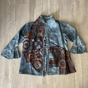 DILEMMA ARTIST HAND PAINTED WOVEN SEQUINED ART TO WEAR BURLAP JACKET NEW YORK - Picture 1 of 8