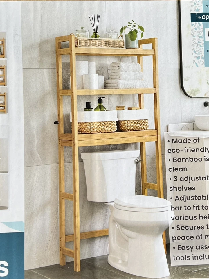 3 Tier Over Toilet Bamboo Organizer Adjustable 24.8 L x 10.2 W x 64.2 H inches - Image 1 of 4