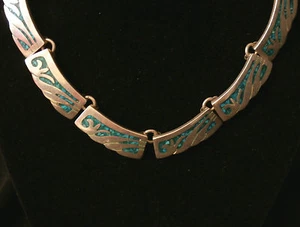 Very Heavy Turquoise Chip Mexico Sterling Silver Signed Necklace #g32 - Picture 1 of 8