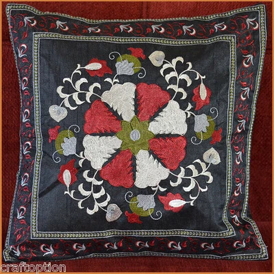 Silk Embroidery Hand Made Black Pillow Cover from India! - Image 1 of 4