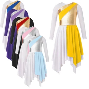 Girls Lyrical Dance Dress Metallic Long Sleeve Tunic Skirt Church Robe Costume - Picture 1 of 67