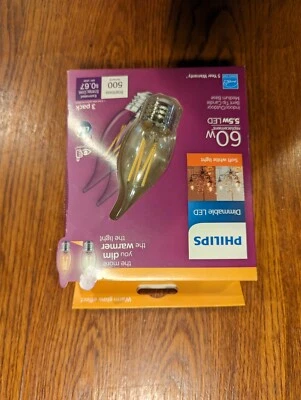 3 pack of Philips 60w LED Clear Bent Tip Medium Base Bulb, Dimmable Soft White - Image 1 of 2