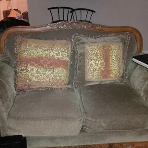 sofa set living room Ashley Victorian wood loveseat fabric classic gold brown - Picture 1 of 2