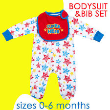Baby Boys Sleepsuit Newborn 0-3 3-6 Months Superhero Bib & Babygrow Playsuit NEW