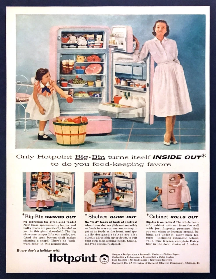 1956 Hotpoint "Big-Bin" Swings Out PINK Refrigerator photo vintage print ad - Image 1 of 1