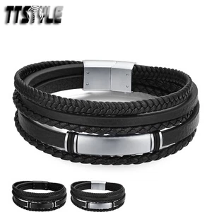 TTstyle Multi Black Leather 316L Stainless Steel ID Magnet Buckle Bracelet NEW - Picture 1 of 3