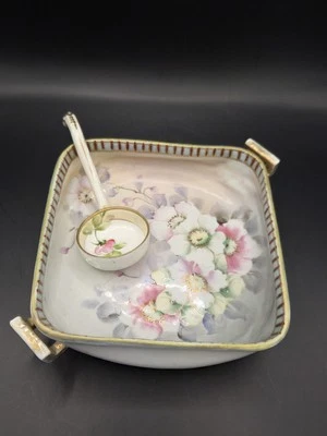 Antique Japanese Hand Painted Nippon Square Bowl With Ladel Floral - Image 1 of 4