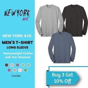 Men's T-Shirt Long Sleeve Cotton Crew Neck Soft Pre-Washed Heavyweight - Picture 1 of 10