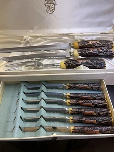 Juego de cuchillos para carne talla cuerno de ciervo vintage Washington Forge baquelita imitación cuerno de ciervo  - Imagen 1 de 24
