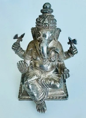 Fino Vintage INDIANO Prata HINDU SENTADO GANESH ÍDOLO pesado e detalhado - Imagem 1 de 3