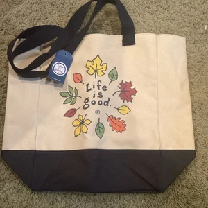 Life Is Good Canvas W Market Tote L /G Leaves Natural  Navy Blue OS Fall  NWT - Picture 1 of 3