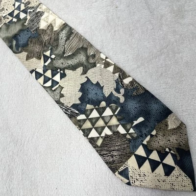 Арт-деко абстрактный геометрический галстук Alexander Lloyd 100% шелк США бежевый сине-зеленый - Изображение 1 из 4