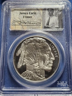 2001-P $1 Buffalo Silver Dollar.  In PCGS PR 69 DCAM.   James Frazier Label  - Image 1 of 2