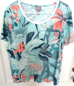 CHICO'S Sh Sl Turq/Peach/Black Floral 1 Pocket Scoop Neck 100% Cotton Top 2 M - Picture 1 of 6