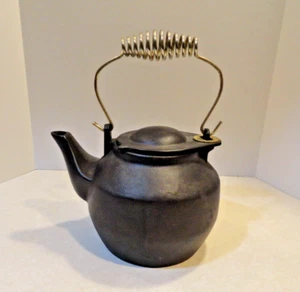 VINTAGE CAST IRON TEA KETTLE SWING LID COIL HANDLE Ceramic Enamel Inside - Picture 1 of 11