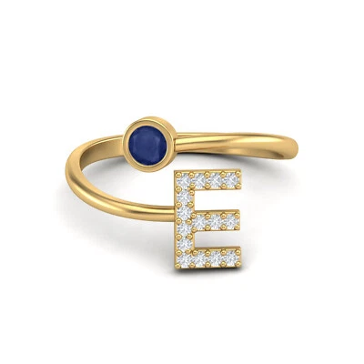Anello E Iniziale Lettera Zaffiro Blu Regolabile Frontale Aperto Argento 925 Placcato Oro - Immagine 1 di 4